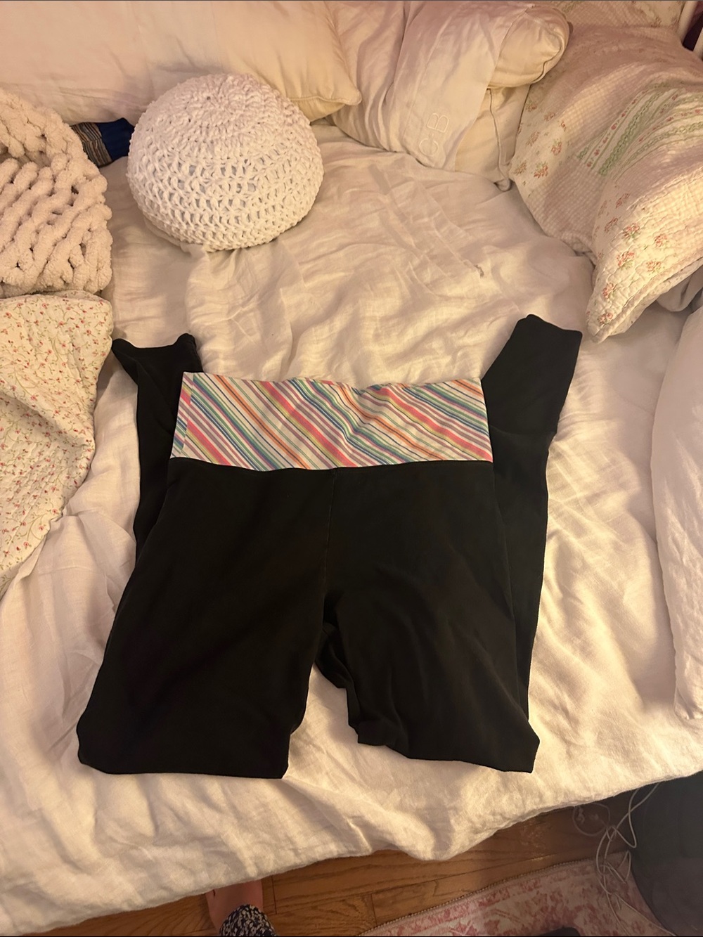 Victoria's Secret Black Leggings with Multicolor Striped Waistband